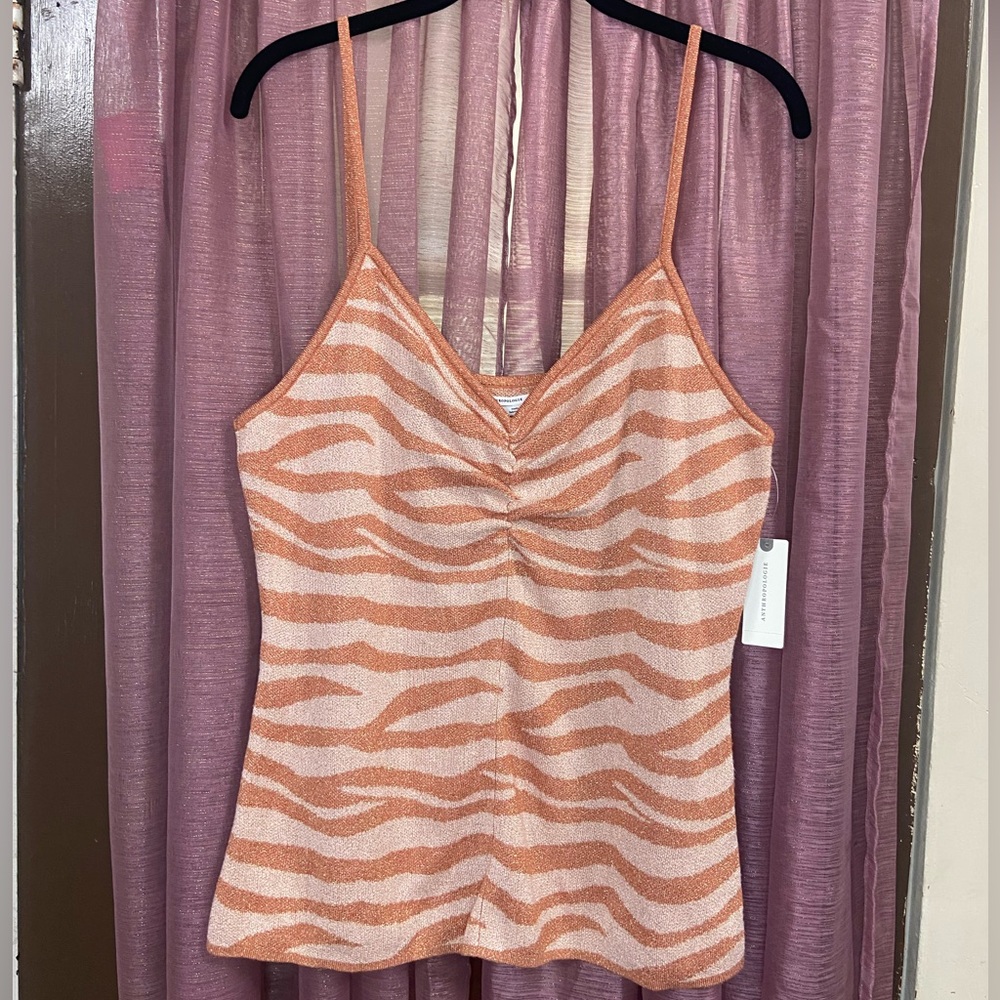 NWT Anthropologie Orange and Cream Tiger Stripe Glitter Knit Top